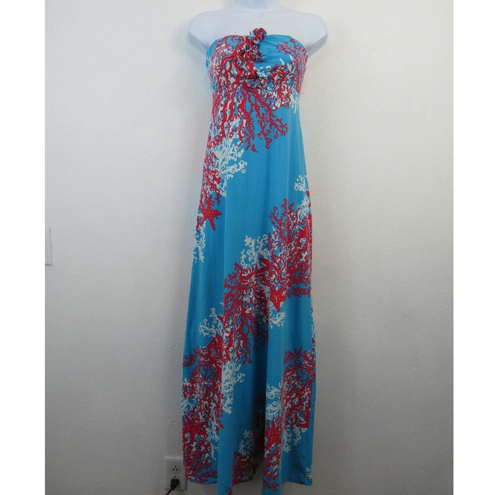 Lilly Pulitzer Jules Strapless Maxi Dress Turquoise Coral Cascade Womens XS